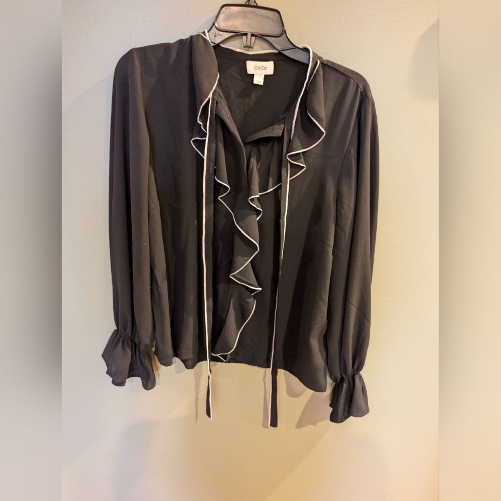 CeCe Contrast Trim Ruffle Shirt - Picture 2 of 5